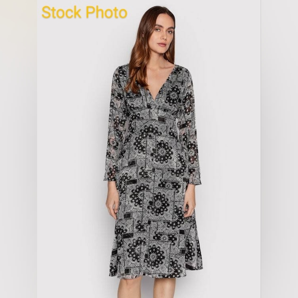 The Kooples Black White Bandana Print Midi Long Sleeve Dress Size 2 Medium